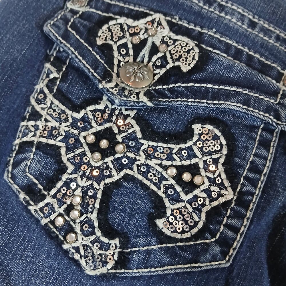 Love Indigo Bootcut Jeans Embroidered Cross Flap Pockets Glam 34x29 McBling Y2K - Picture 9 of 11